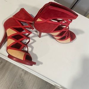 $425 TORY BURCH SHEILA Red Multi Suede Designer Fashion High Cut Out Pumps 7